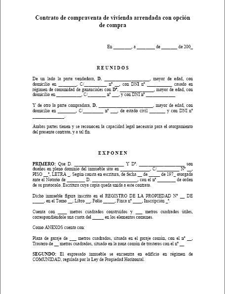 Contrato de compraventa de vivienda arrendada con opción de compra - Modelo  Contrato